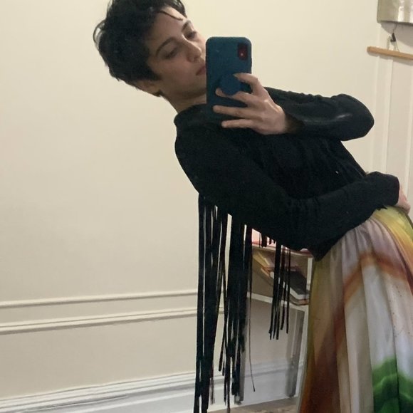 Elie Tahari Black Goat Leather Fringe - Picture 3 of 10